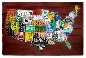 a graphic of the United States made out o license plates