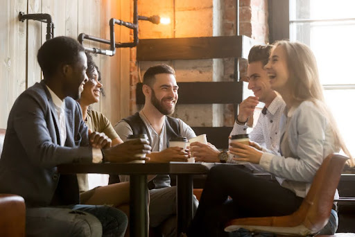 A group of people laughing.