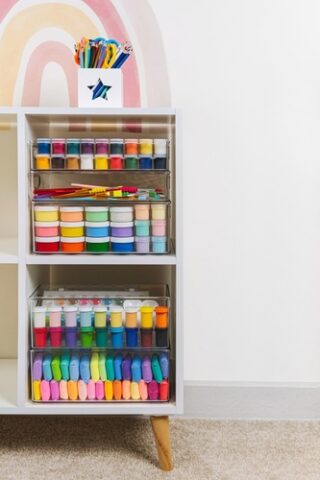 A close-up image of colorful, well-organized craft supplies