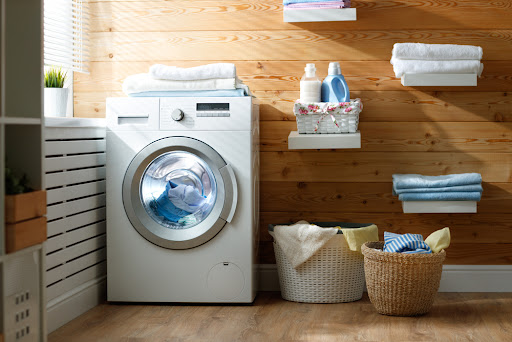 Washer in a laundry room.