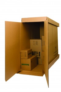 Stack of boxes with the Bekins logo.