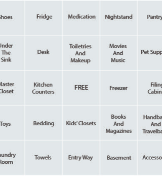 A bingo card of various things for people to declutter.