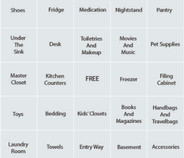 A bingo card of various things for people to declutter.