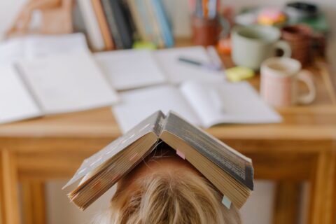 A person leaning back in their desk chair with a book covering their face.