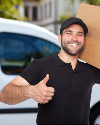 Mover giving thumbs up while a box inside