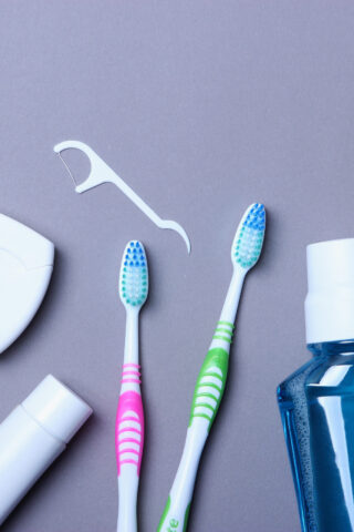 Flat composition for oral care and place for text on a light background. Dental hygiene