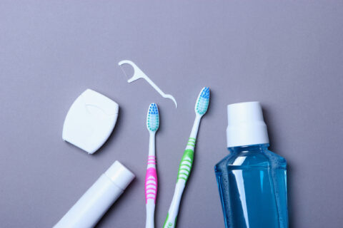 Flat composition for oral care and place for text on a light background. Dental hygiene