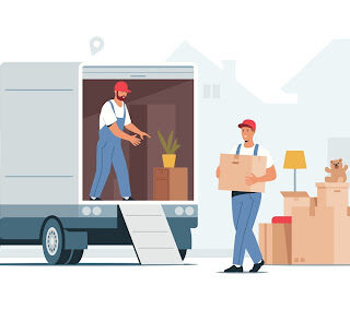 Illustration of movers lifting boxes into moving a truck.