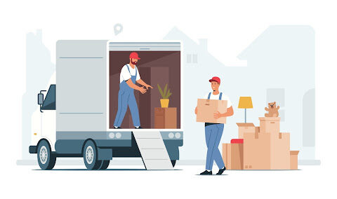 Illustration of movers lifting boxes into moving a truck.