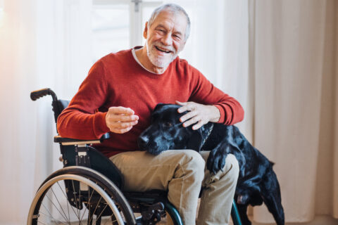 An older man in a wheelchair smiles as he pets his dog.