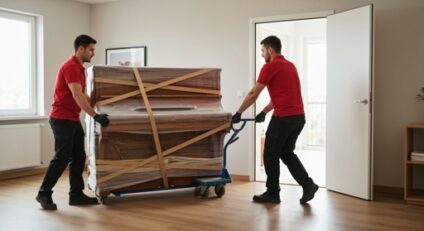 Two professional movers move a piano.