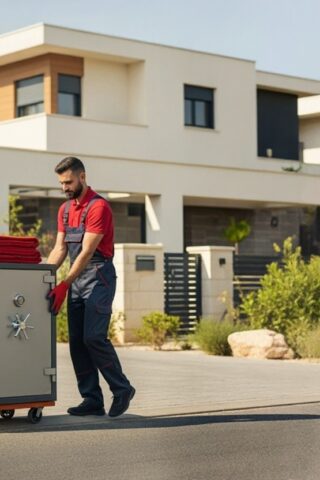 Two professional movers move a safe from a home.