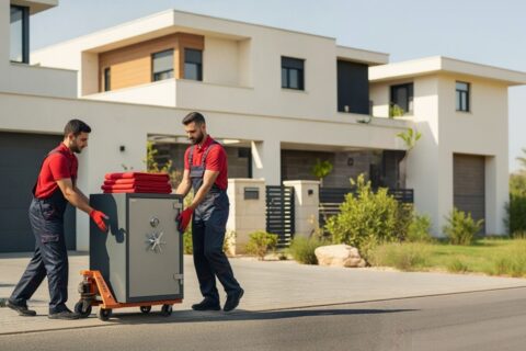 Two professional movers move a safe from a home.