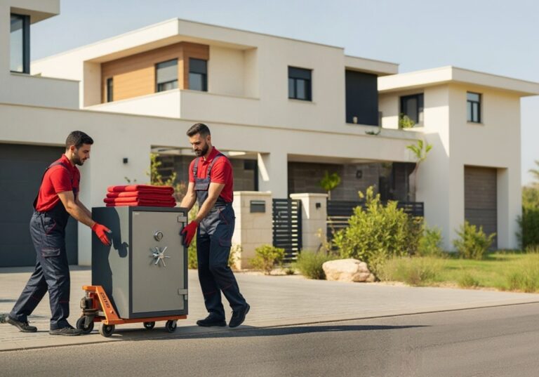 Two professional movers move a safe from a home.